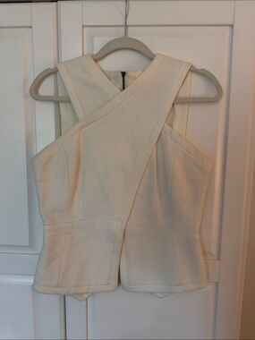 BCBGMaxaria Cream Cross-Front Textured Peplum Top